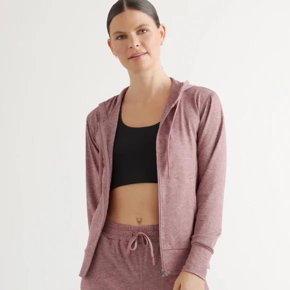 Quince FlowKnit Front Zip Hoodie Stretch Heathered Burgundy Jacket Size Medium. - Picture 1 of 12